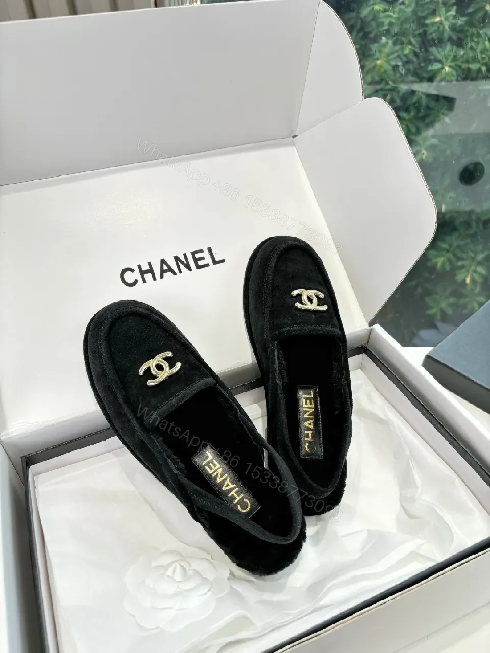 View 3 of Black Suede Loafers with Gold Logo Hardware
