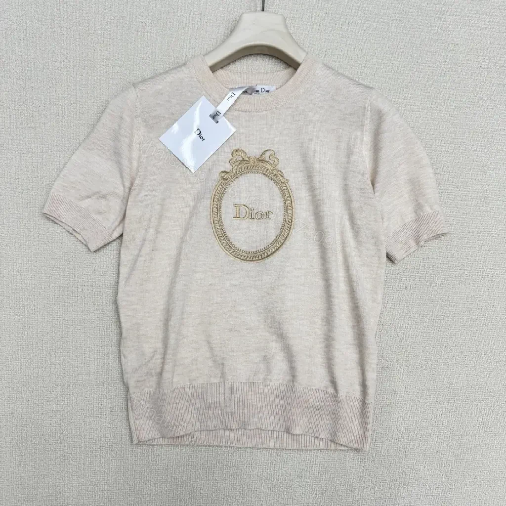 View 10 of Beige Cotton Knit Tee with Gold Crest Emblem