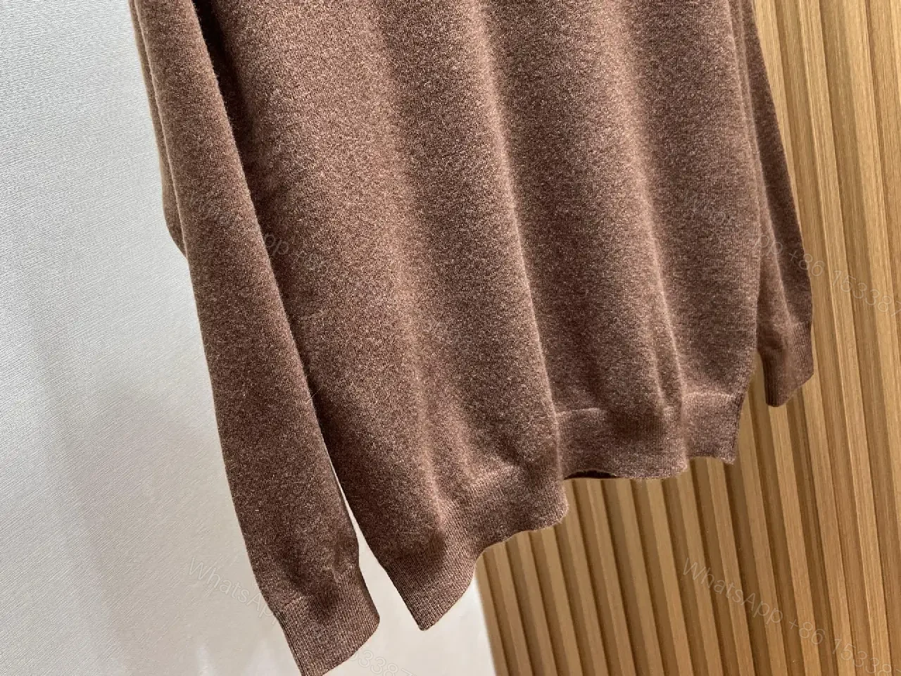 View 3 of Rich Cocoa Knit Sweater in Marled Texture with Crest Embroidery