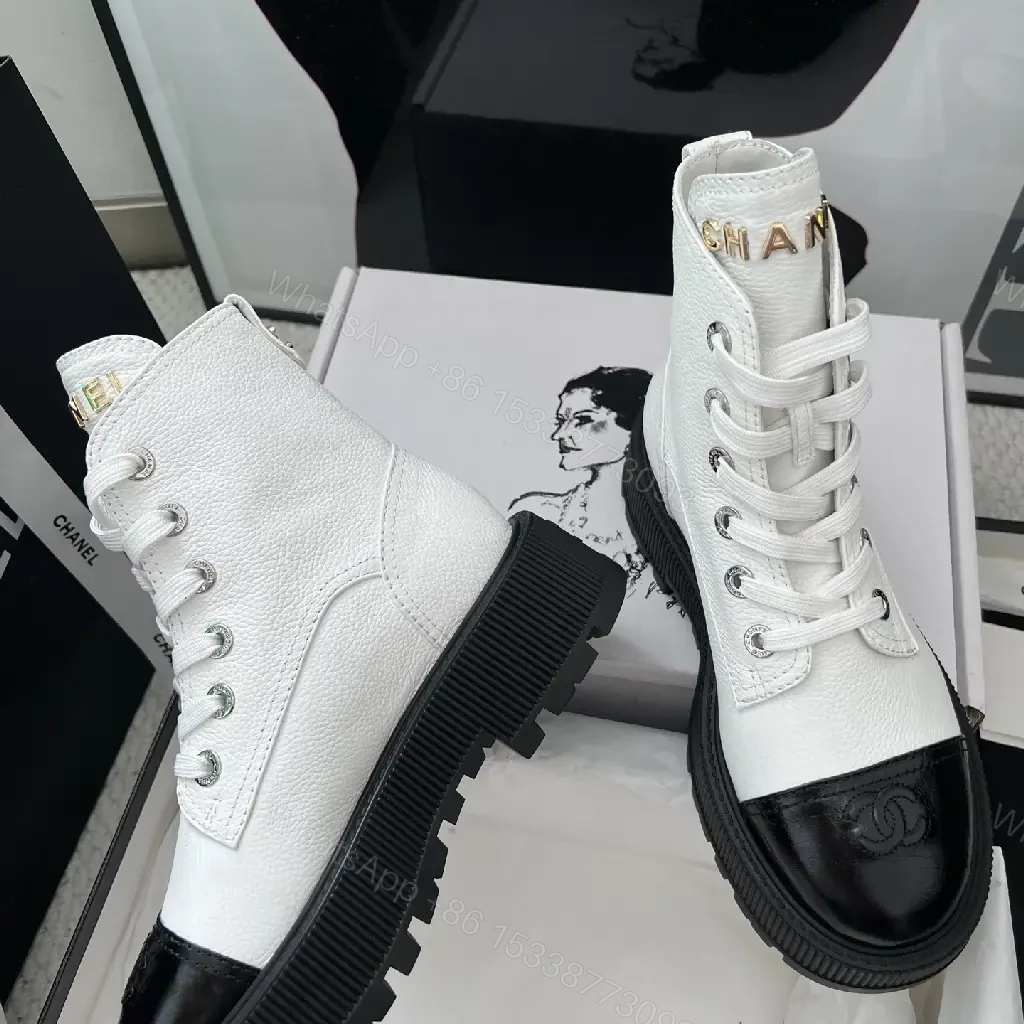 View 3 of Two-Tone Combat Boots: Luxe Urban High-Top with Logo Details