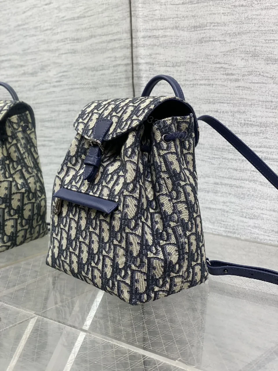 View 5 of Navy Canvas Monogram Compact Backpack with Leather Accents