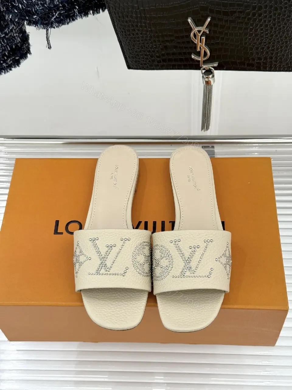View 3 of Chic Embellished Slides with Crystal LV Detailing