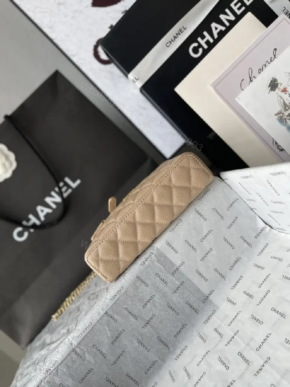 View 2 of Taupe Quilted Crossbody: Lambskin, Gold Chain, Classic Glamour
