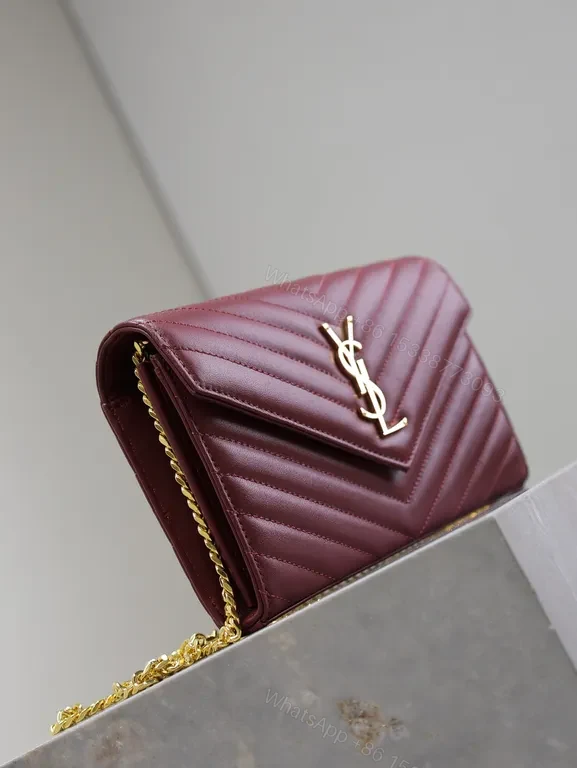 View 9 of Burgundy Quilted Envelope Crossbody Bag with Gold YSL Logo