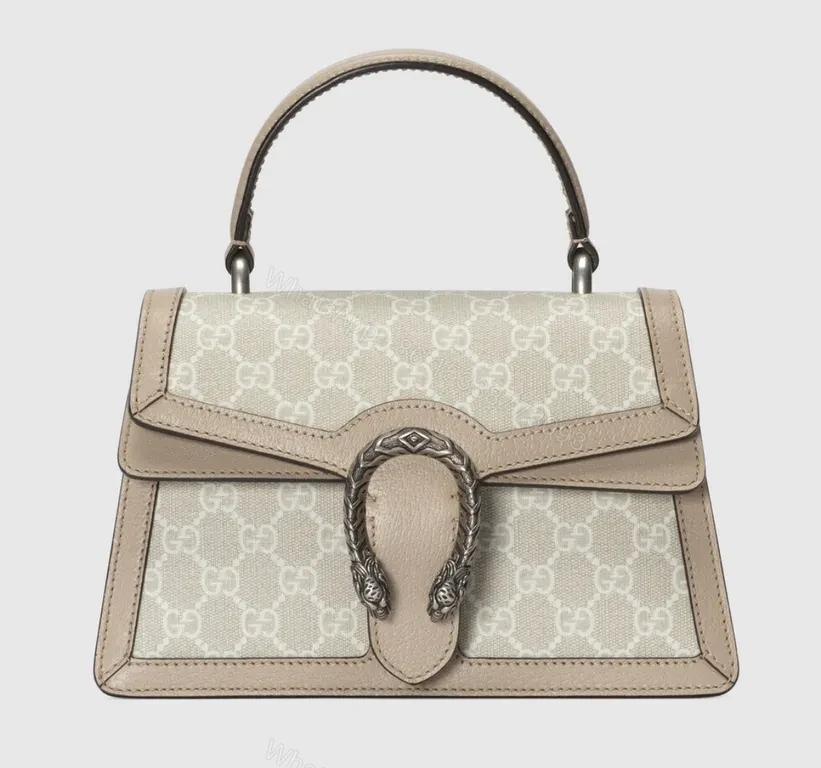 View 4 of Beige GG Supreme Tote: Tiger-Head Top-Handle Bag