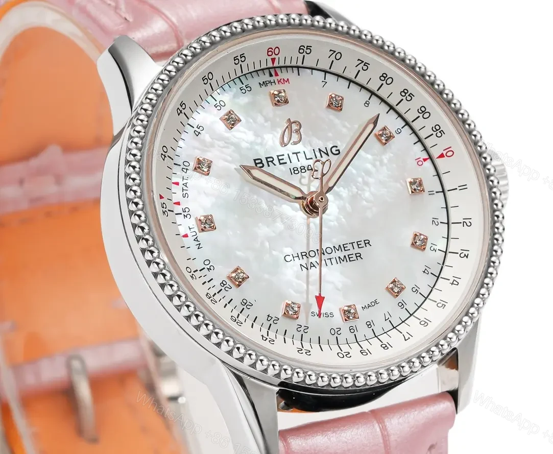 View 5 of OM Factory Breitling Women’s Navitimer Automatic Watch – Pink Leather Strap, White Pearl Dial, Diamond Bezel