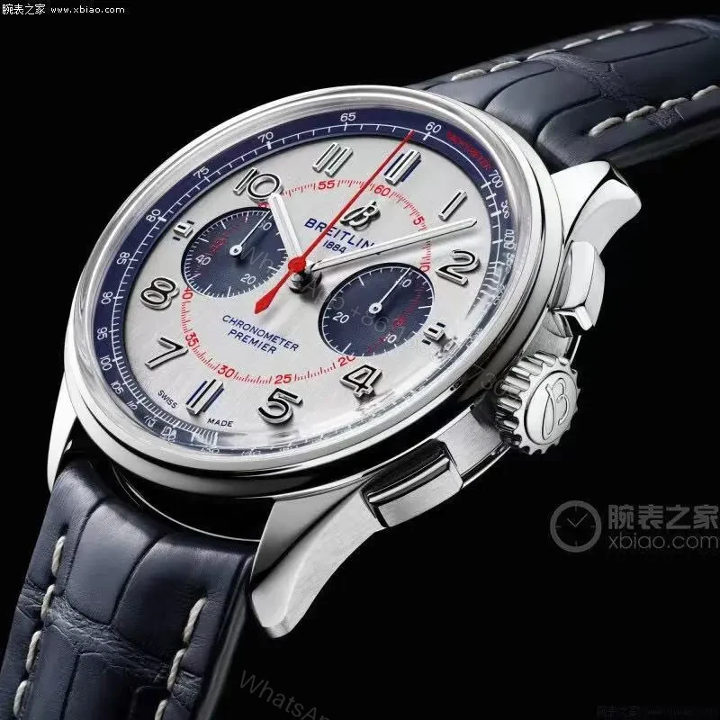 View 4 of OM Factory Breitling Premier B01 Chronograph Watch – Blue and White Dial, Leather Strap, 42mm Stainless Steel Case