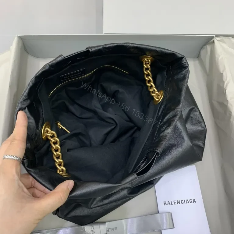View 3 of Black Leather Balenciaga-Inspired Tote with Gold Chain Handle