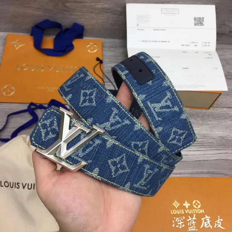 View 3 of Denim Monogram LV Beltâ€”Luxury Silver Buckle Accessory