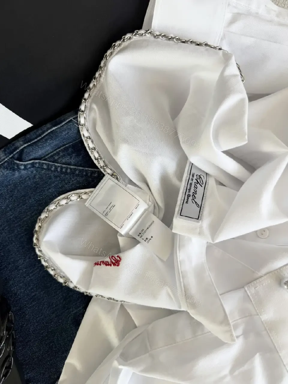 View 4 of White Cotton Shirt Cropped Style with Red Embroidered Chanel Lettering Shirt