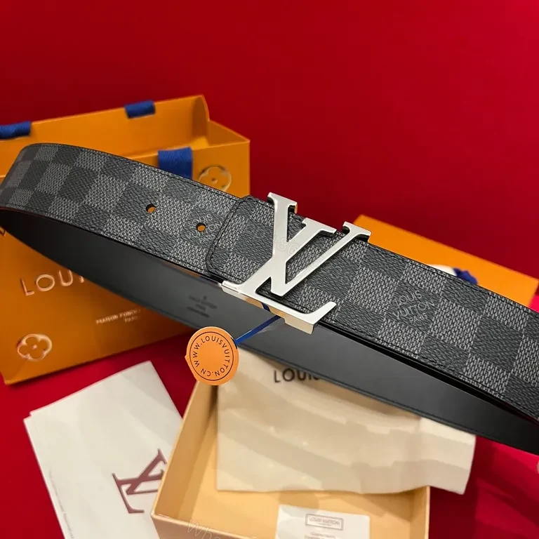 View 4 of Damier Signature Belt: Gold LV Buckle, Leather-Canvas Luxury