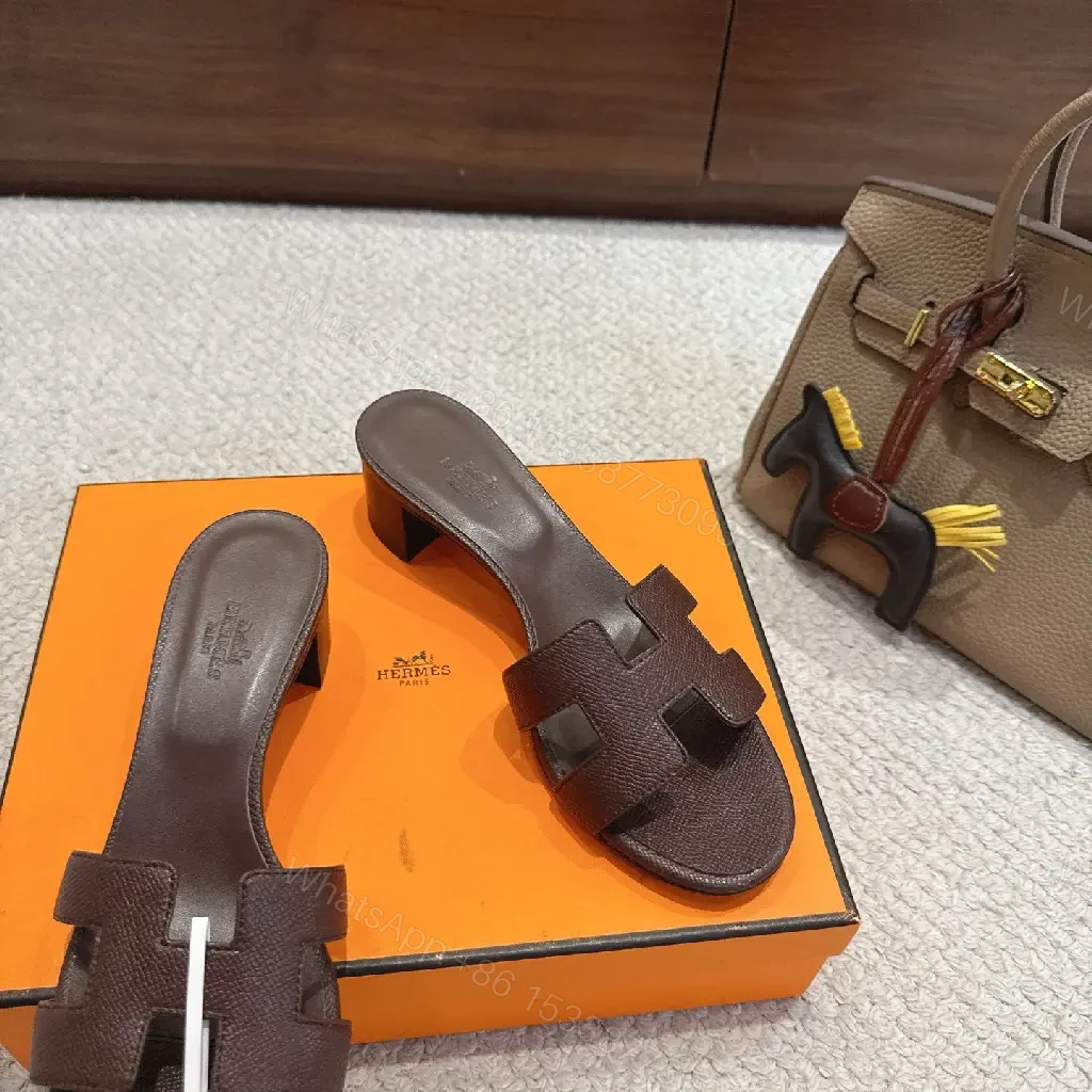 View 3 of Brown Leather H-Style Sandals - Hermes-Inspired Slide Sandals