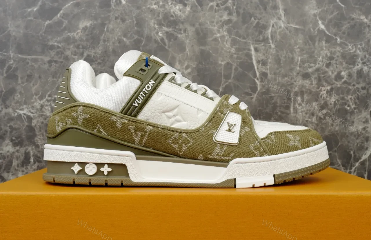 View 5 of Beige Leather High-Top Sneaker with LV Motif and Strap