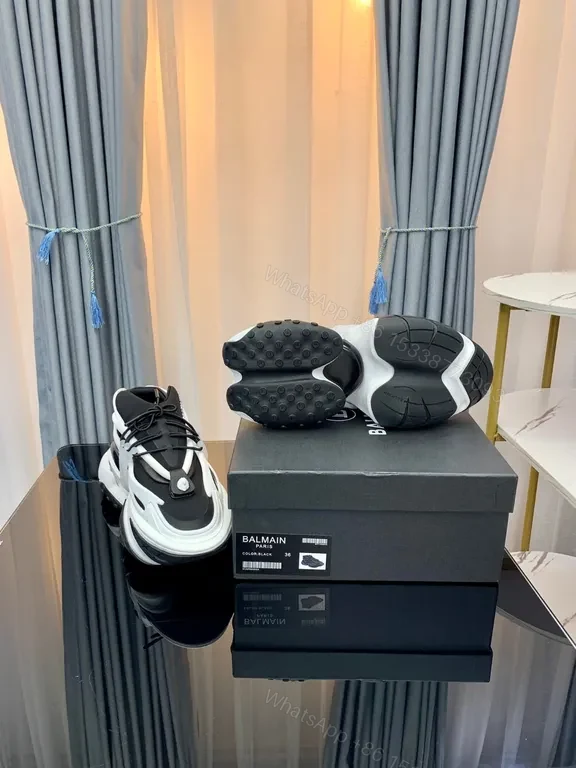 View 3 of Black Leather Knit Balmain-Style High-Top Sneakers with Plush Comfort