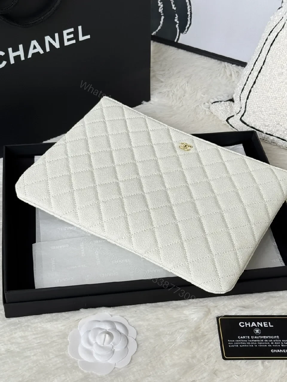 View 7 of Quilted Leather Pouch, Light Pearl, Luxe Style, Zippered Organizer