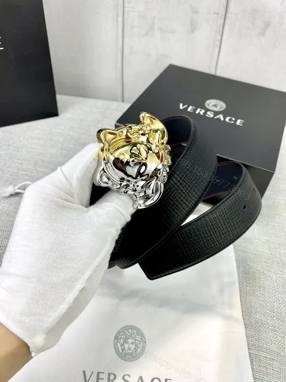 View 5 of Versace Two-Tone Medusa Belt: Black Full-Grain Leather Luxury
