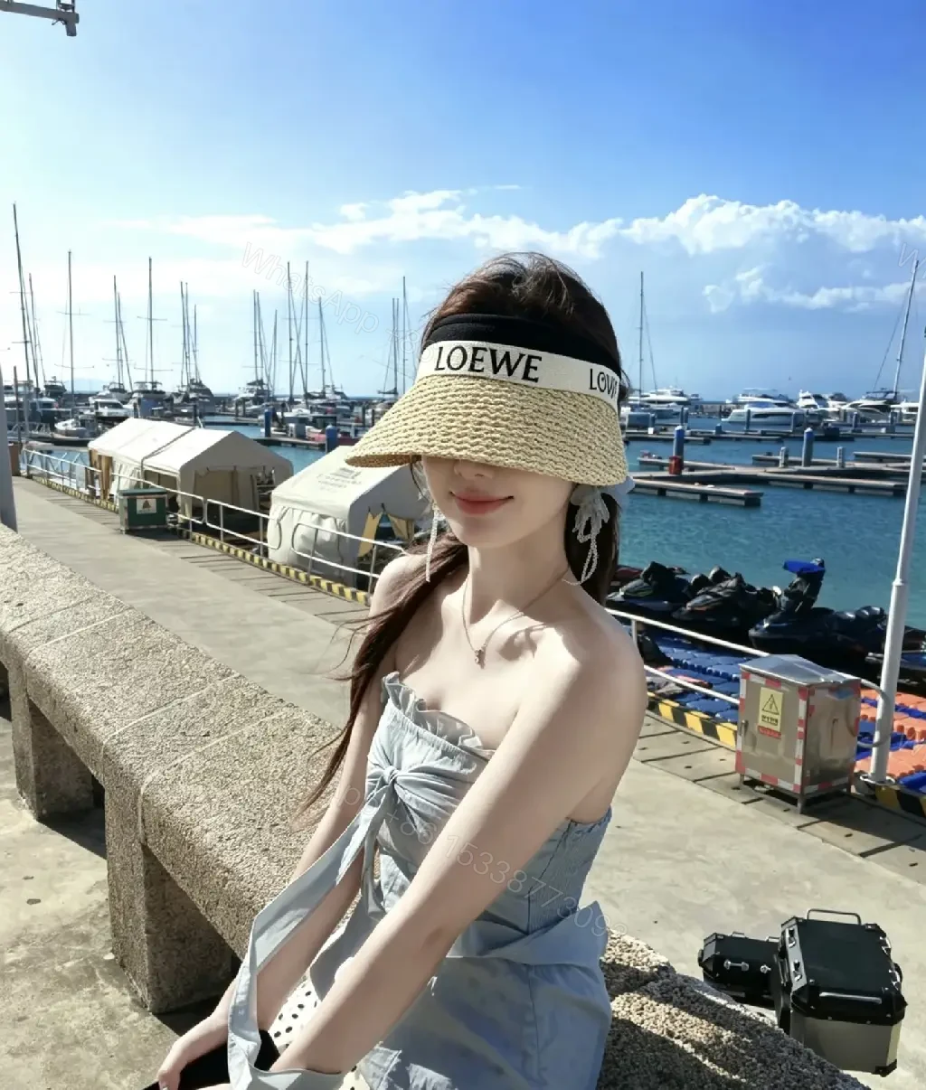 View 3 of Natural Beige Straw Visor Hat — Wide-Brim, Elastic Band, LOEWE Band