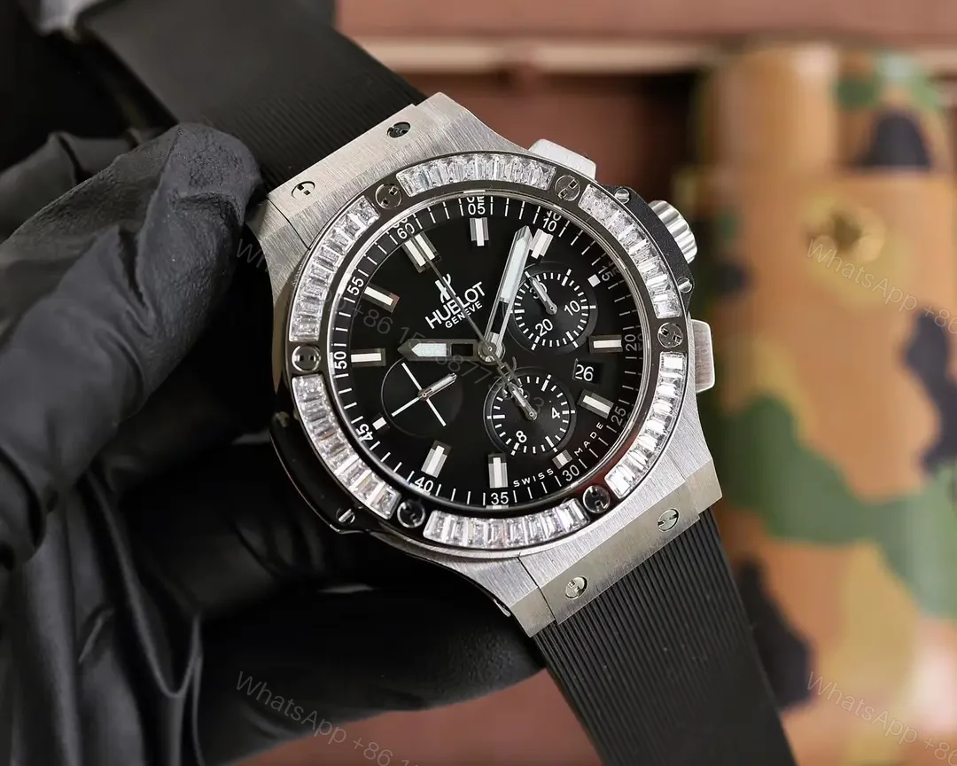 View 3 of Hublot Big Bang Chronograph Black Dial Diamond Bezel Rubber Strap 44MM Premium HUBLOT-BB-CH-BLK-DIA44
