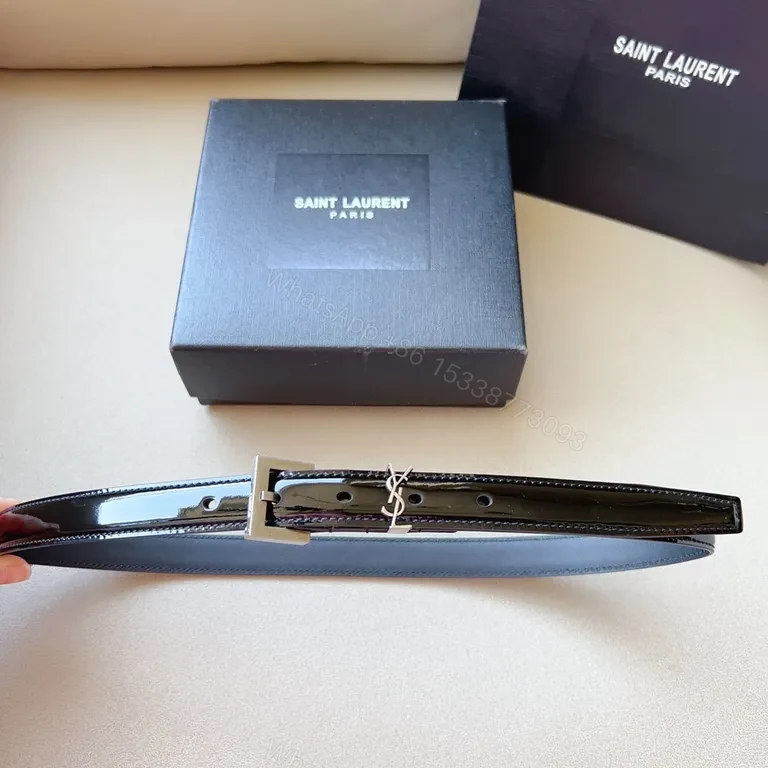 View 3 of Black Patent Belt with YSL Buckle â€” Parisian Minimalist Luxury Belt