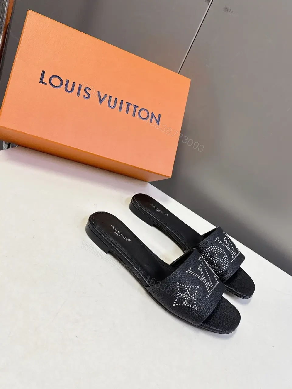 View 6 of Black Leather Slide Sandals with Crystal Embellishment - Comfort, Luxury