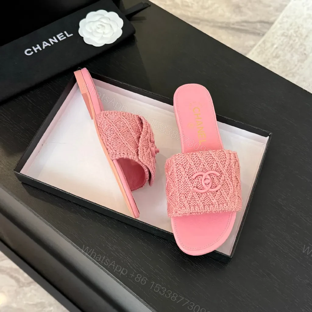 View 2 of Pink Knit-Trim Slides: Plush Couture-Inspired Comfort