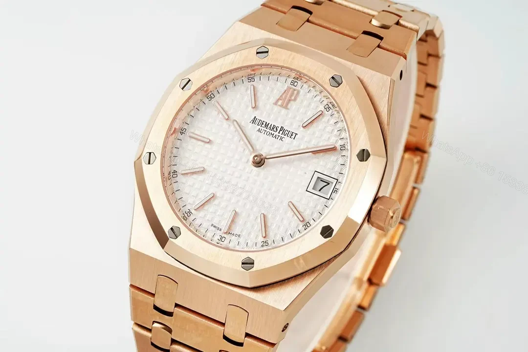 View 3 of KZ Factory Audemars Piguet Royal Oak 15202 Rose Gold Watch with White Dial and Petite Tapisserie Pattern