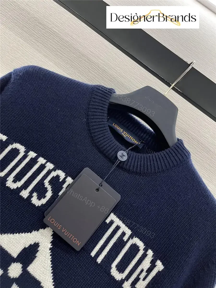 View 8 of Lux Navy Knit Crewneck with Bold Logo — Luxury Streetwear Sweater