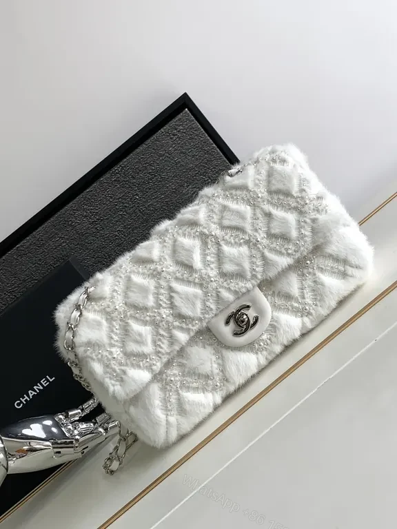 White Faux-Fur Diamond Wallet Bag: Luxe, Structured, Signature Charm — view 1