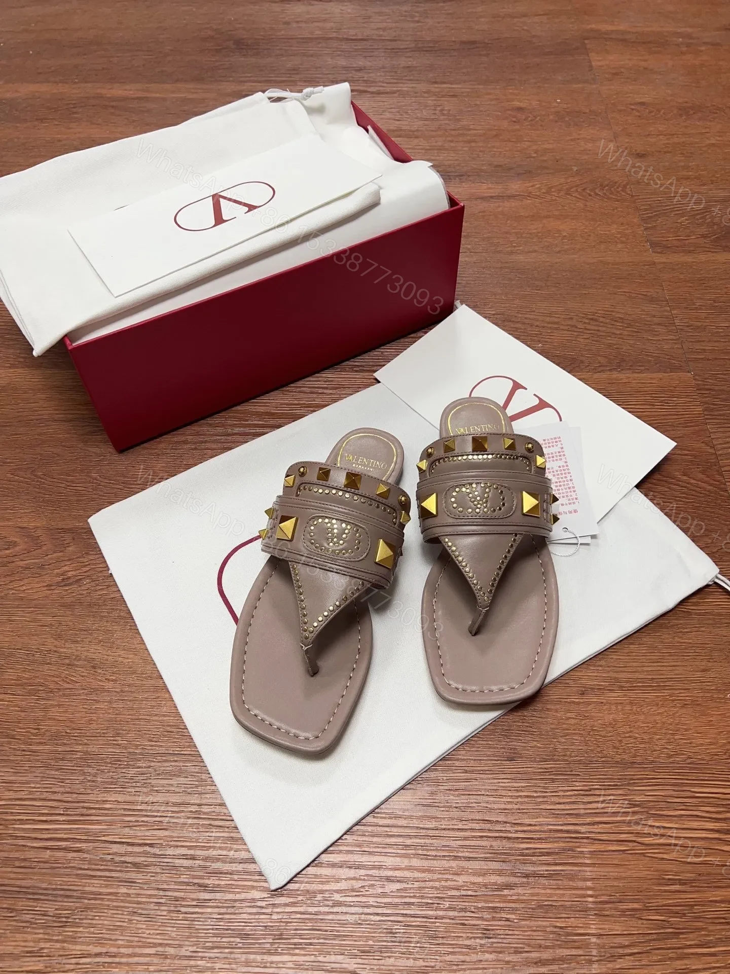 Valentino Women Taupe Leather Studded Sandals — view 1