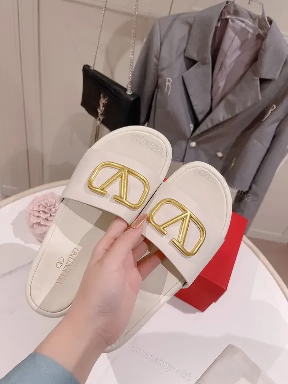 View 7 of Valentino-Style White Leather Slides with Gold Logo Buckle