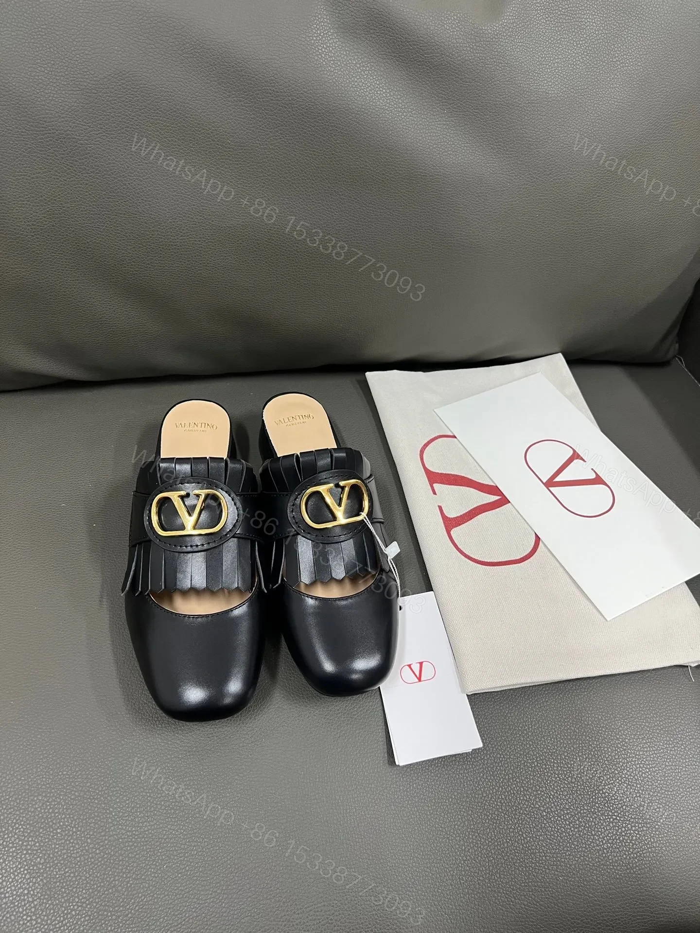 Valentino Women Black Leather Fringe Mules — view 1