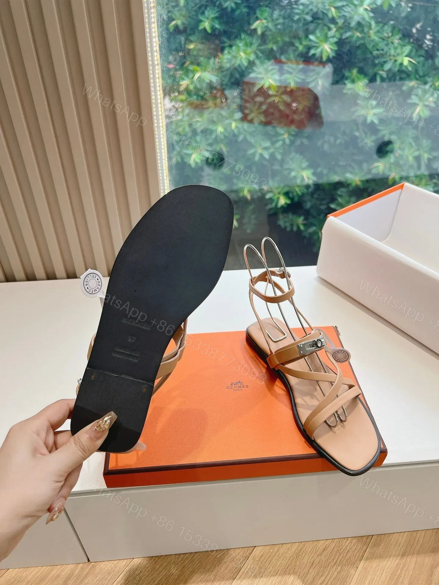 View 2 of Hermes Women Beige Leather Strappy Sandals