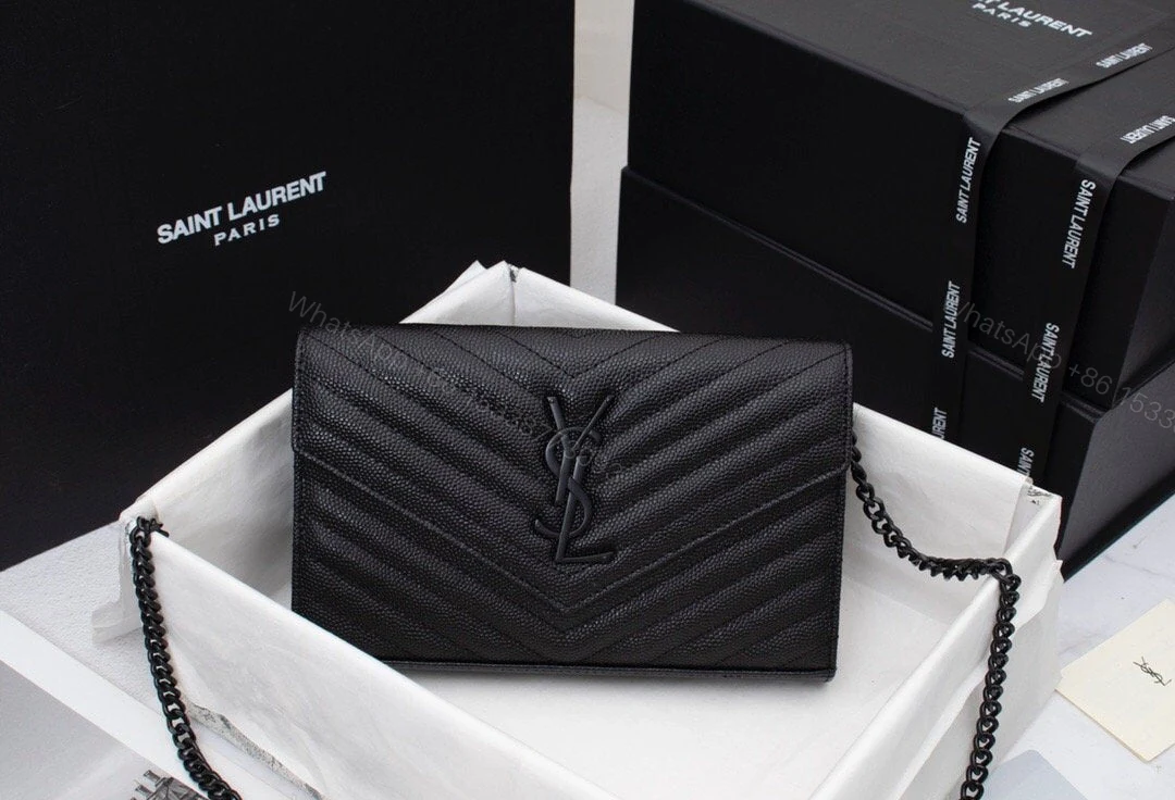 Saint Laurent Matelasse Grain de Poudre Matte Black Monogram Chain Wallet — view 1