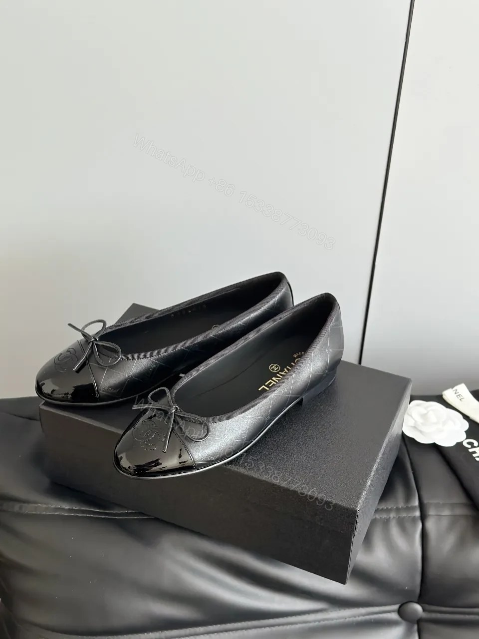 View 6 of Chic Patent Leather Ballet Flats with Bow Accent, Black