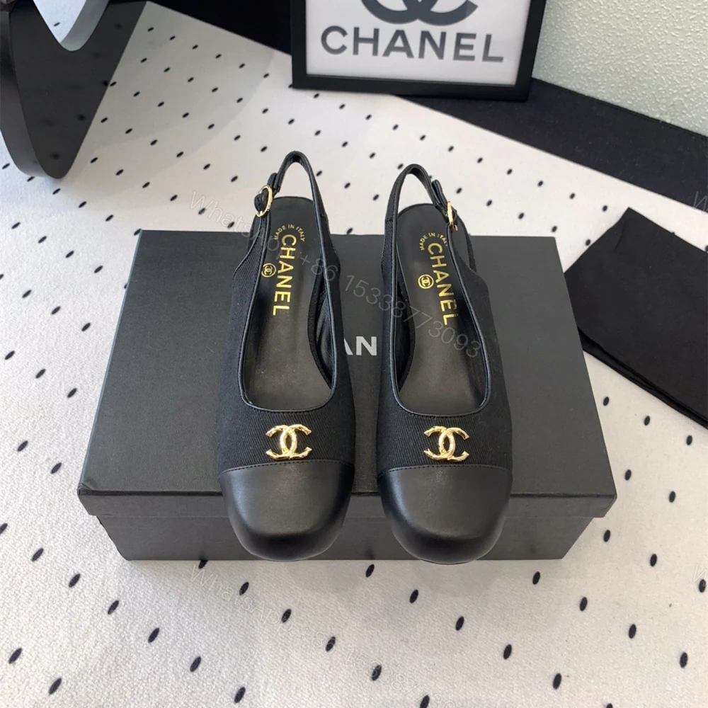 高仿Chanel*G45768A圓頭露跟單鞋織物黑色3.5CM免檢版 — view 1