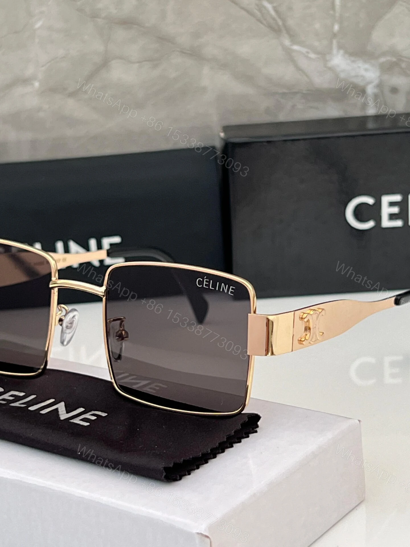 View 6 of Celine Square Sunglasses Gold Frame Black Lenses