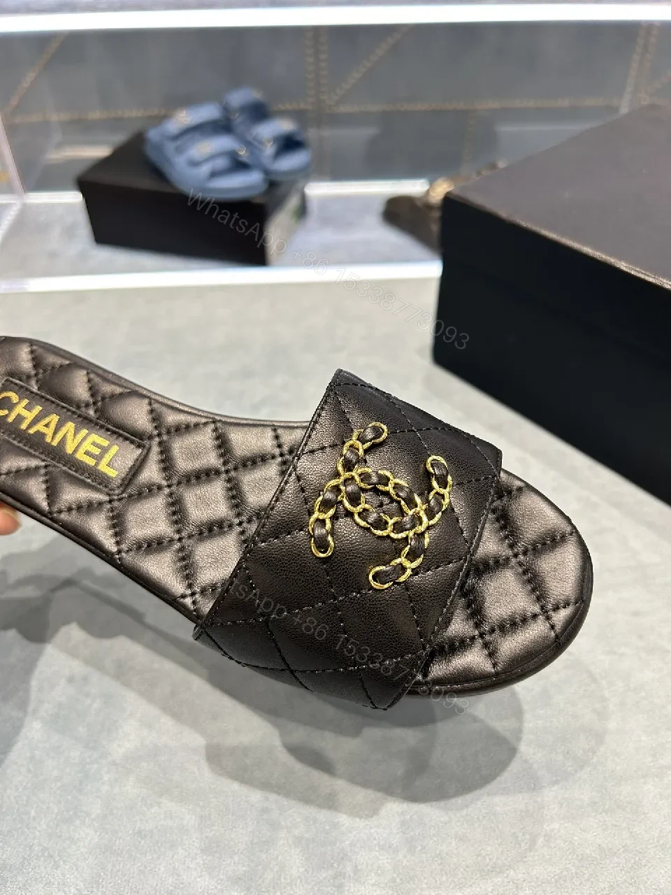 View 8 of Quilted Black Slides with Gold Emblem – Lux Slip-ons