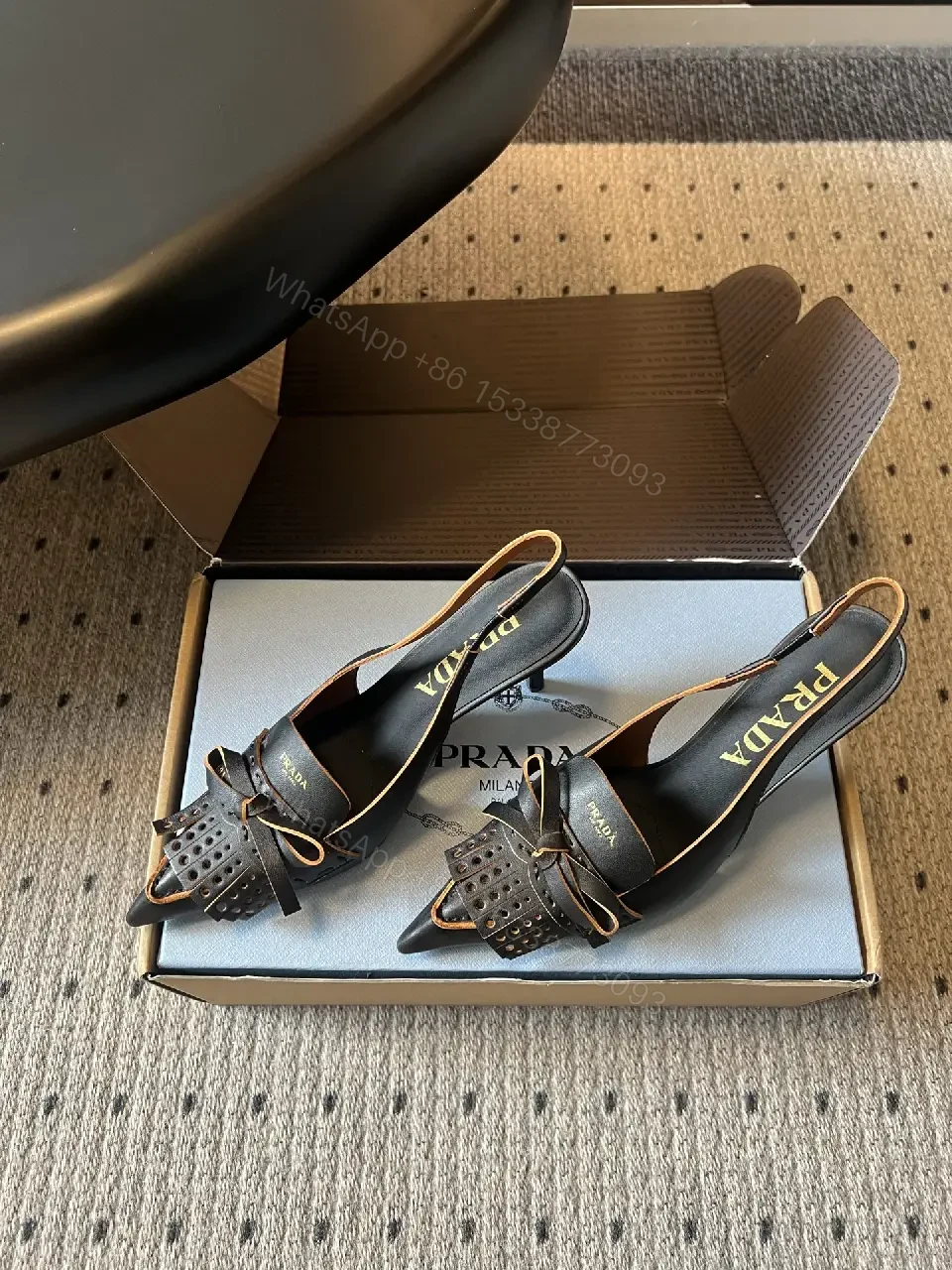 View 2 of Black Leather Prada Slingback Heels with Studded Front, Pointed Toe