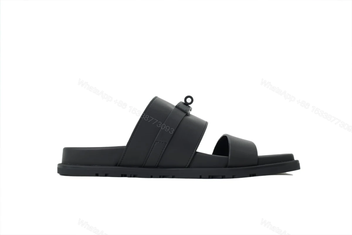 HERMES Solid Black Button Slides — view 2