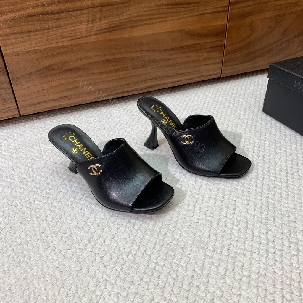 View 2 of Chic Black Leather Slide Heels – Luxe Comfort, Gold Hardware