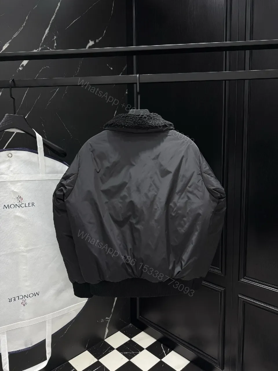 View 2 of Dark Nylon Bomber: Plush Sherpa Collar Jacket with Quilted Shell