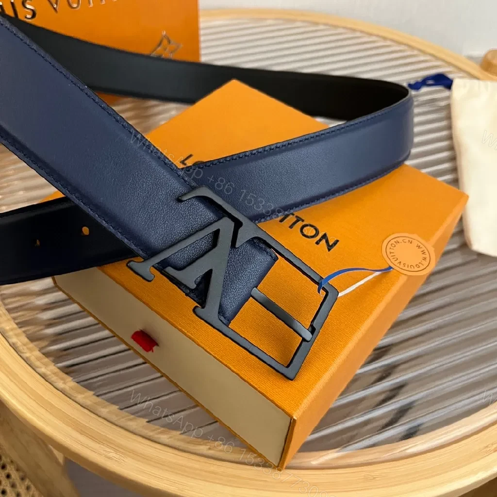 View 7 of Chic Navy Leather Belt with LV Buckle