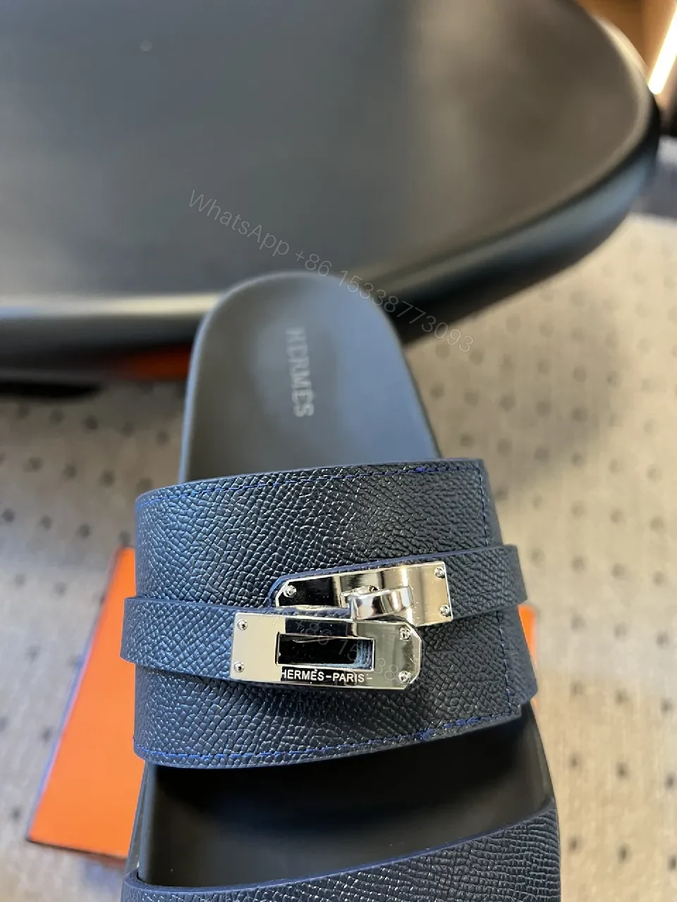 View 8 of Navy Leather Triple-Strap Sandals with Metal Hardware