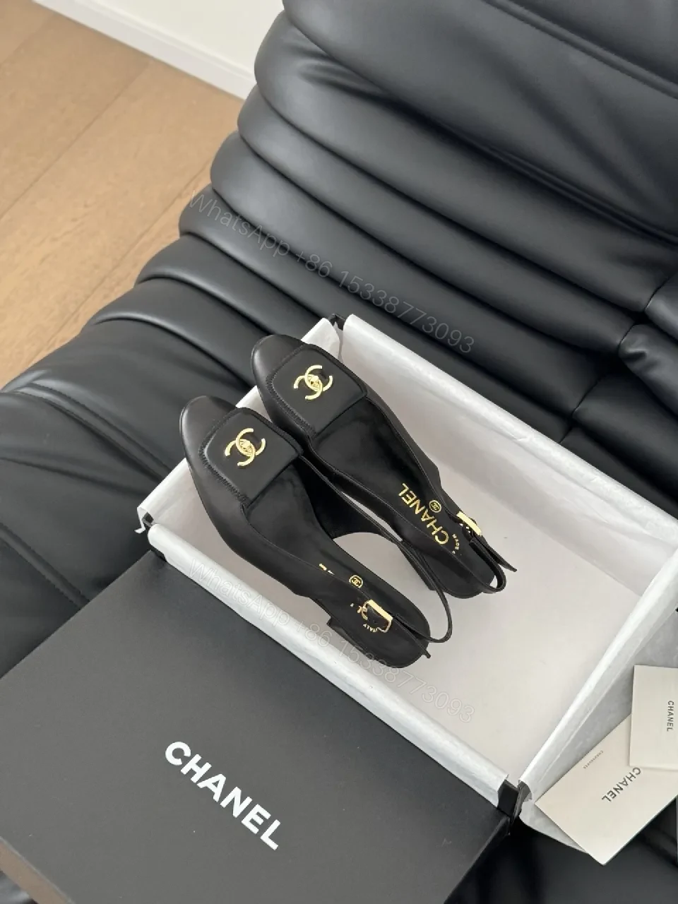 View 7 of Black Leather Slingbacks with Gold Hardware, Luxury-Style Heels