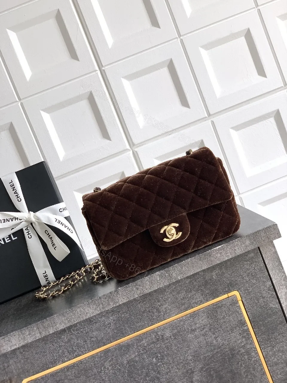 Velvet Quilted Crossbody Bag: Gold Logo Flair — view 1