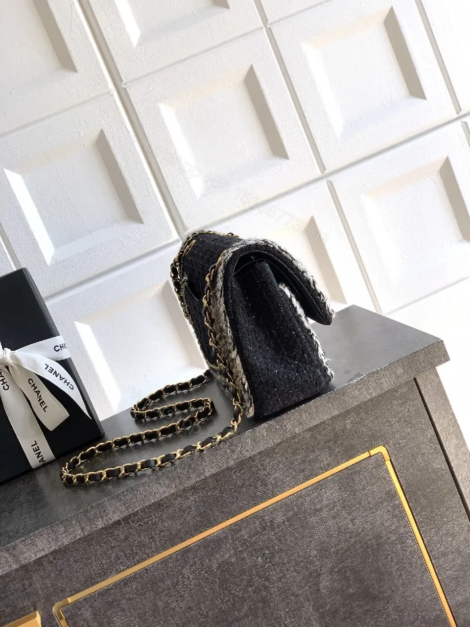 View 9 of Black Bouclé Mini Flap Bag with Chain Accents, Day-to-Evening