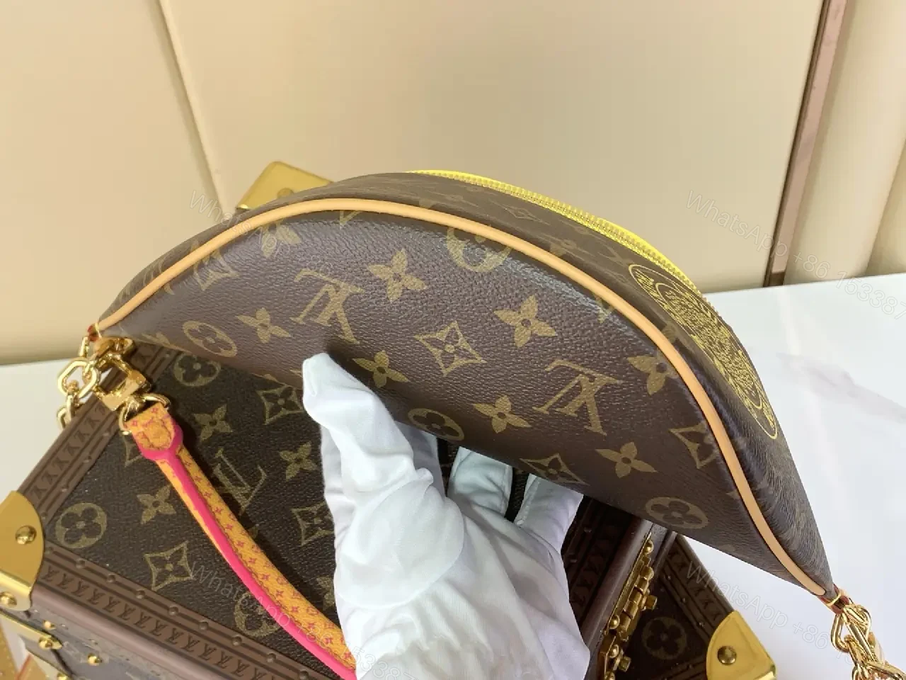 View 7 of Dark Brown LV Monogram Crescent Belt Bag with Yellow Top Panel