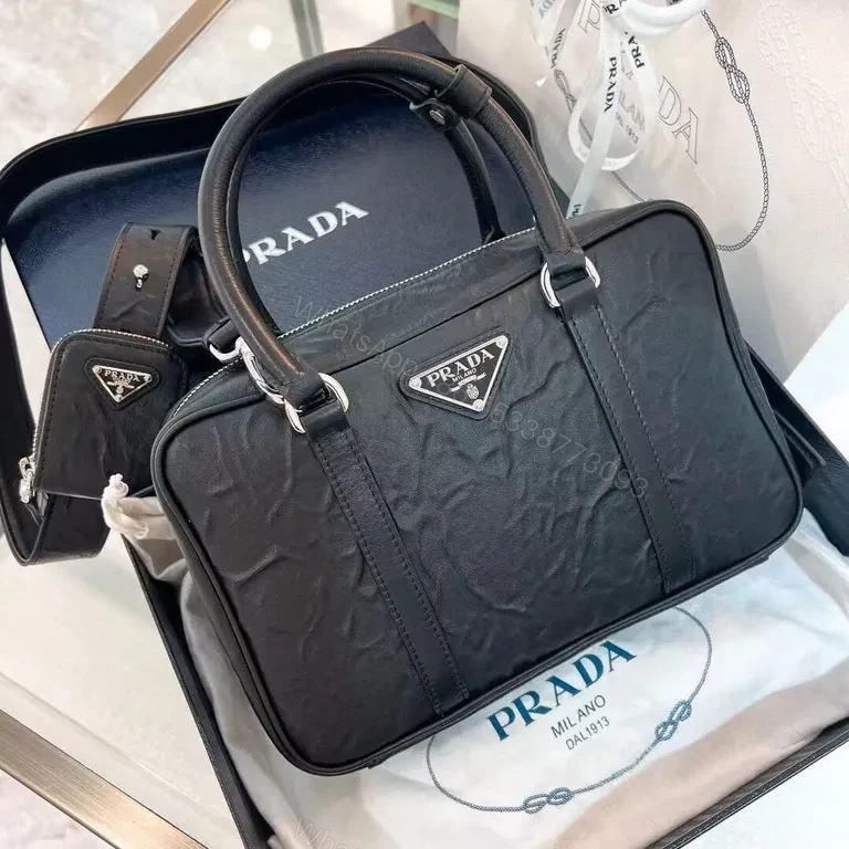 View 3 of Black Prada-Style Structured Top-Handle Bag, Compact Luxury