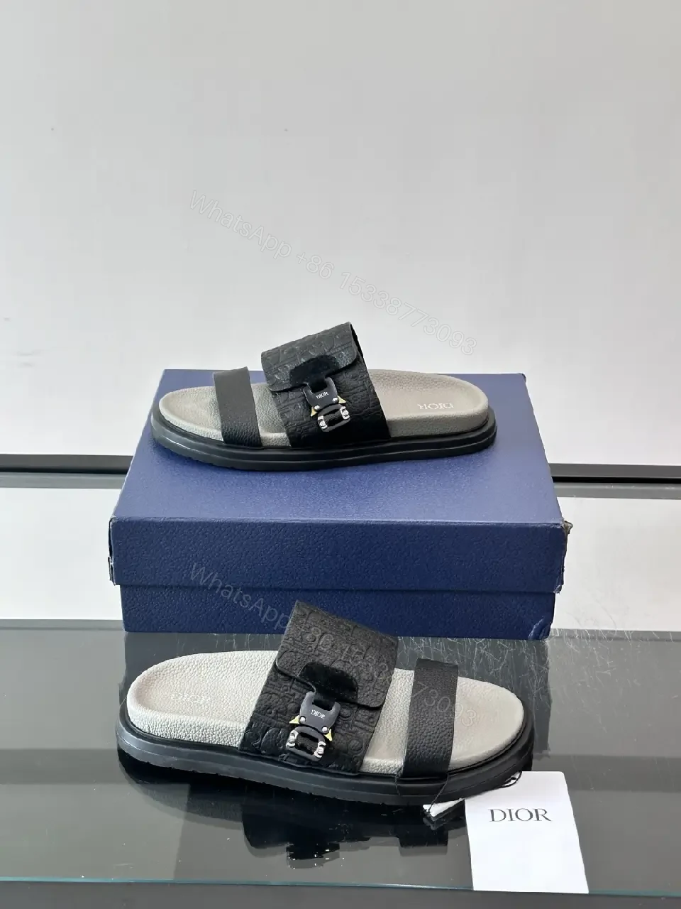 View 4 of Black Leather Dior Sandals with Buckle Feature Sliders