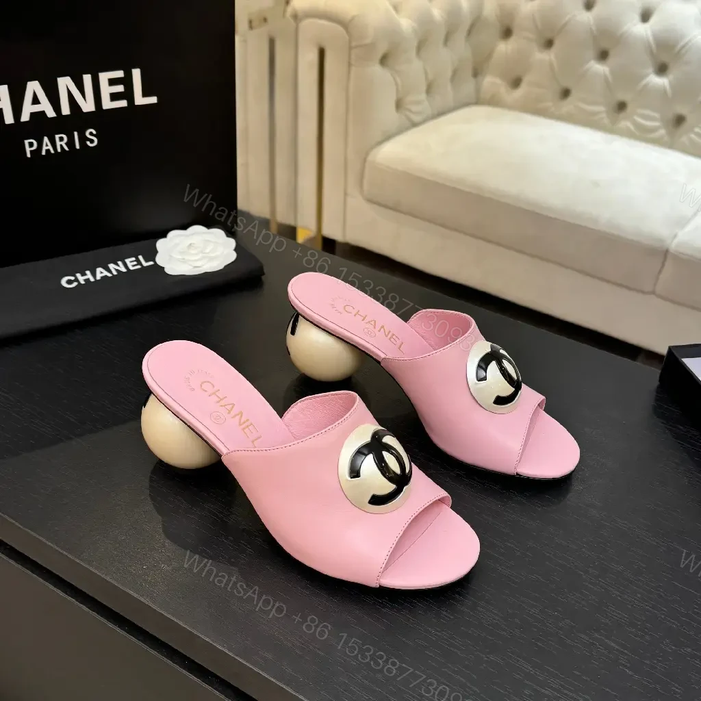 View 2 of Pastel Pink Leather Slides with Double-Circle Hardware, Open-Toe Comfort